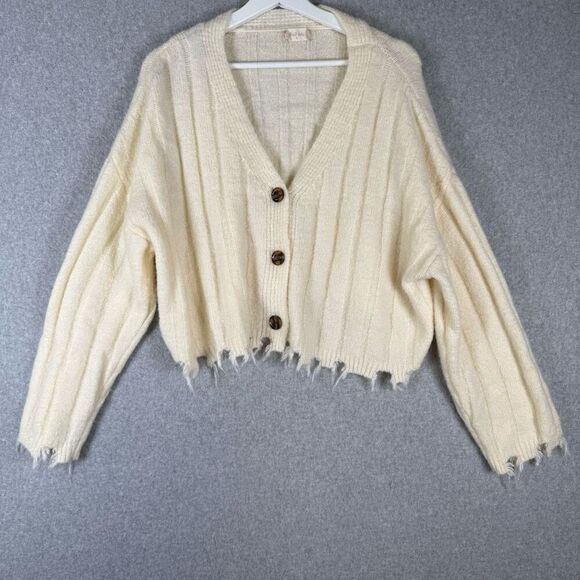 Altar'd State Sweaters - Altard State Womens Medium Cropped Button Front Cardigan Sweater Cream Raw Hem